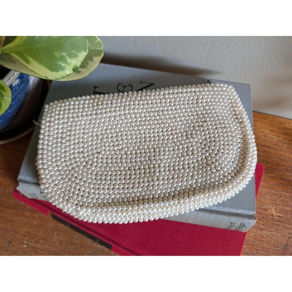 Vintage 50s/60s Handmade Beaded Pearl Clutch Purse Japan Geometric Evening Bag